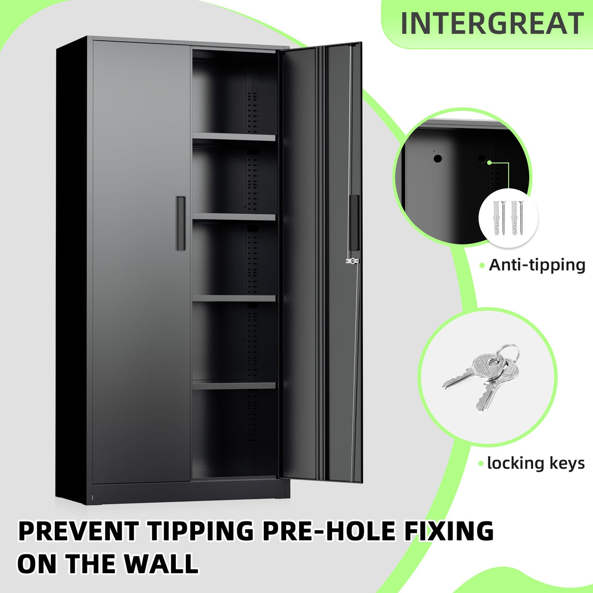 Black 72" Locking Steel Storage Cabinet with 4 Adjustable Shelves E59578