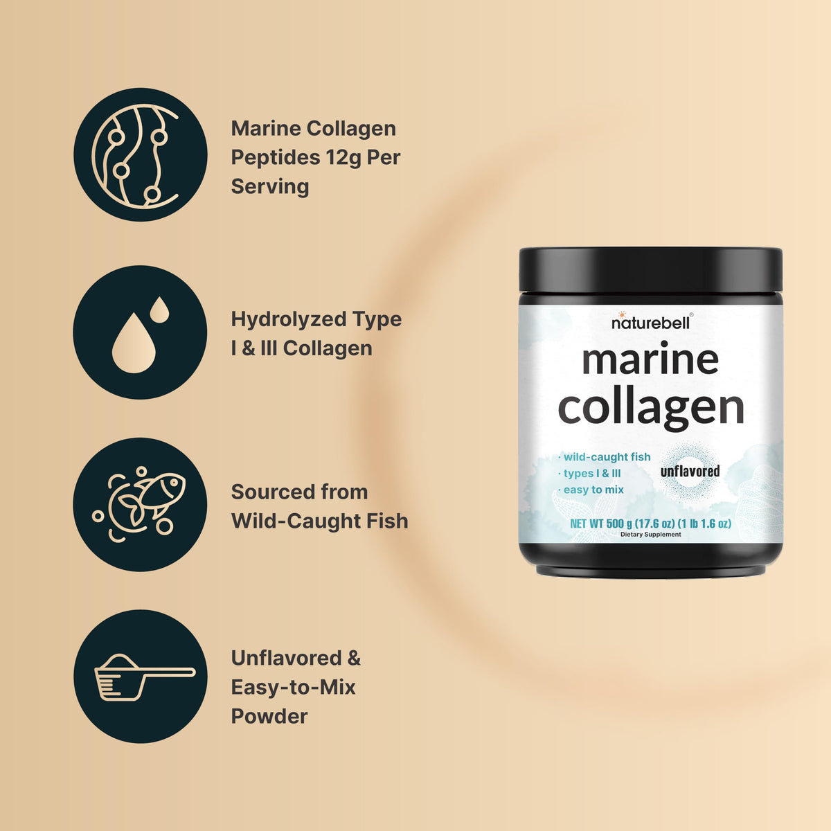 Marine Collagen Powder, 500g Hydrolyzed Type I & III Peptides, Unflavored I417