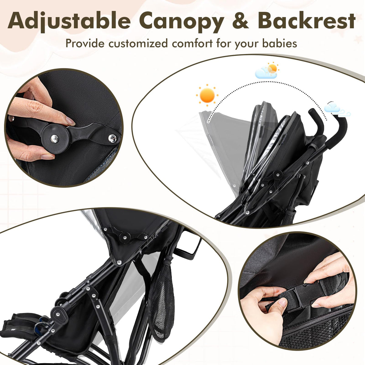 Lightweight Double Umbrella Stroller with Cup Holder and Adjustable Canopy I417