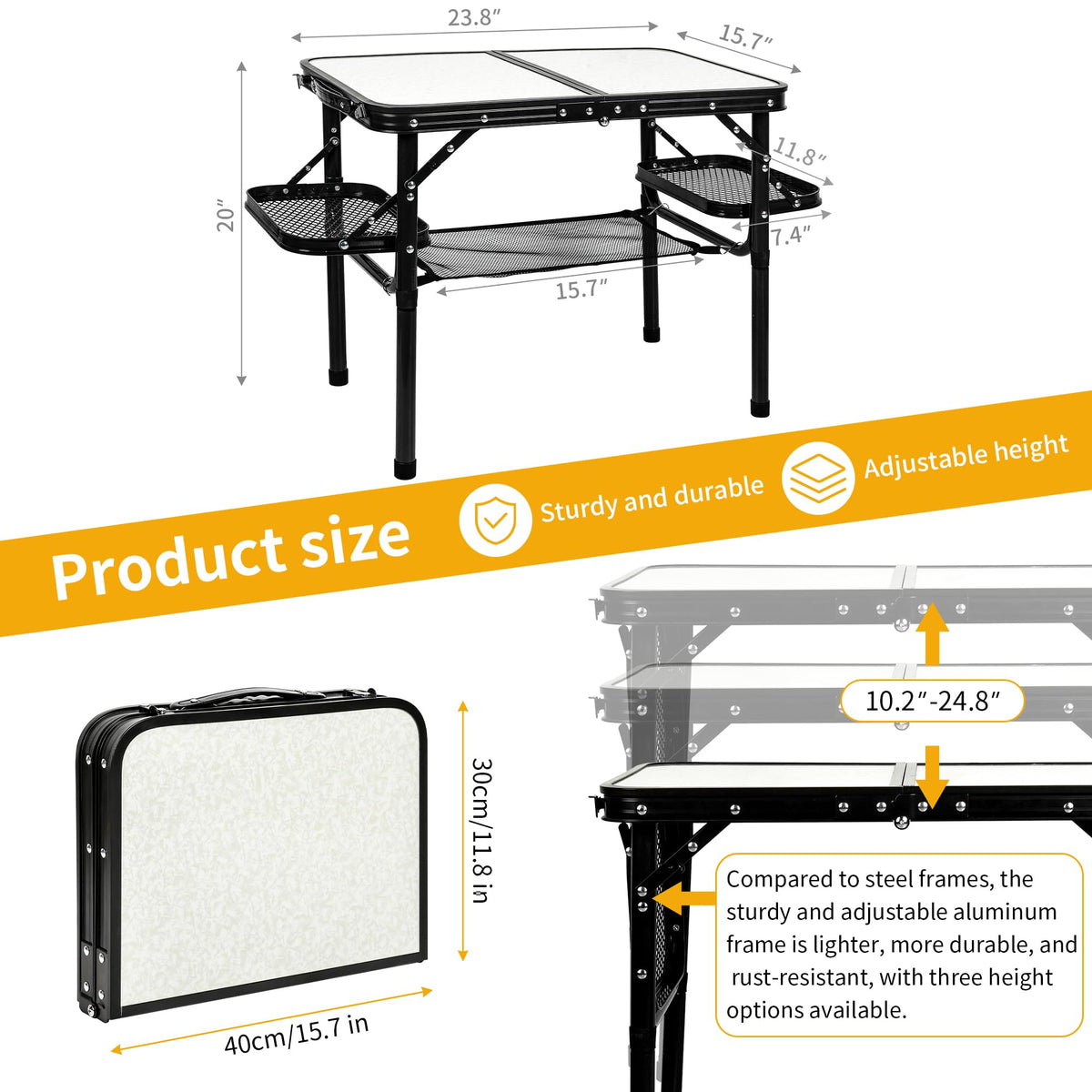 Folding Aluminum Camping Table 3-Height Adjustable with Carry Handle W2014