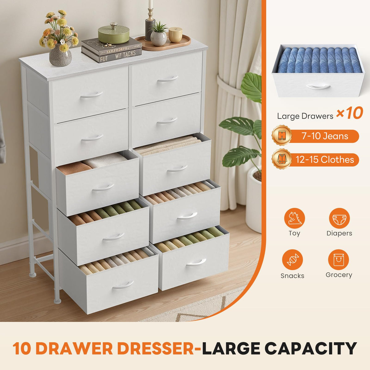 White 10 Drawer Tall Dresser F8081