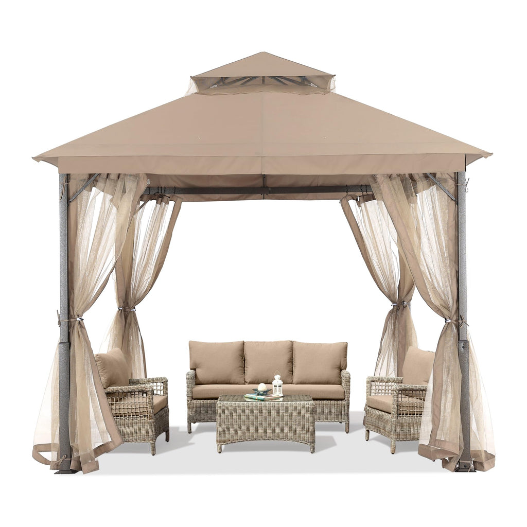 Khaki 9x9 Outdoor Patio Gazebo with Mosquito Netting E225