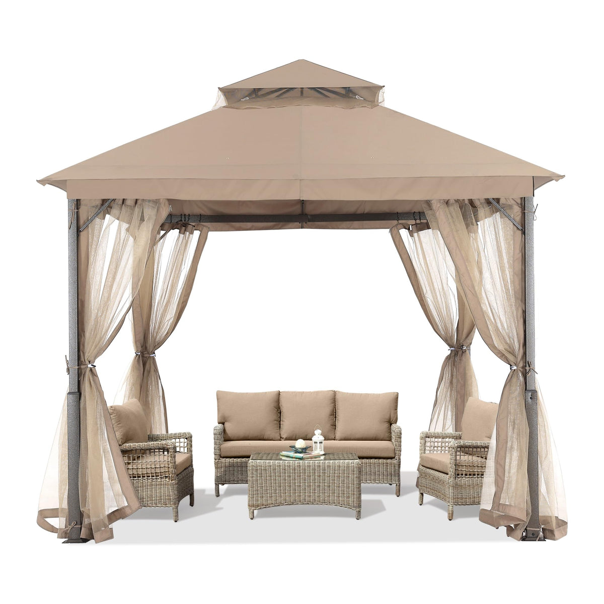 Khaki 9x9 Outdoor Patio Gazebo with Mosquito Netting E225
