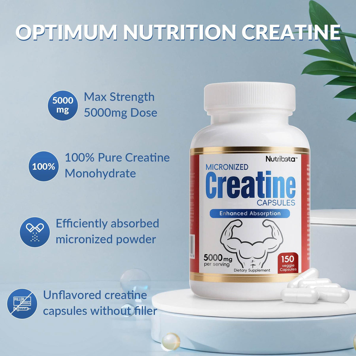 5000mg Micronized Creatine Monohydrate Capsules with Vitamin B12, Vegan, Gluten Free, 150 Count T308863