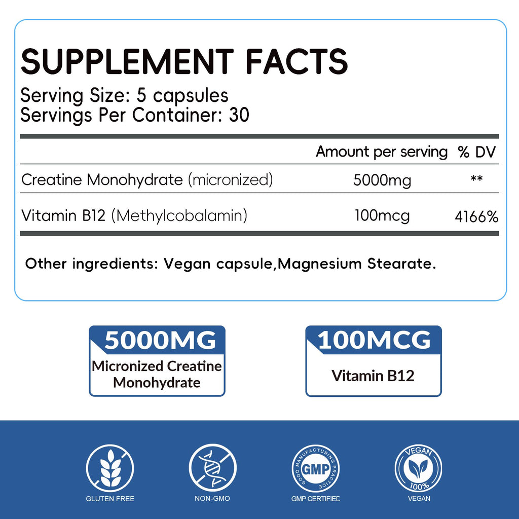 5000mg Micronized Creatine Monohydrate Capsules with Vitamin B12, Vegan, Gluten Free, 150 Count T308863