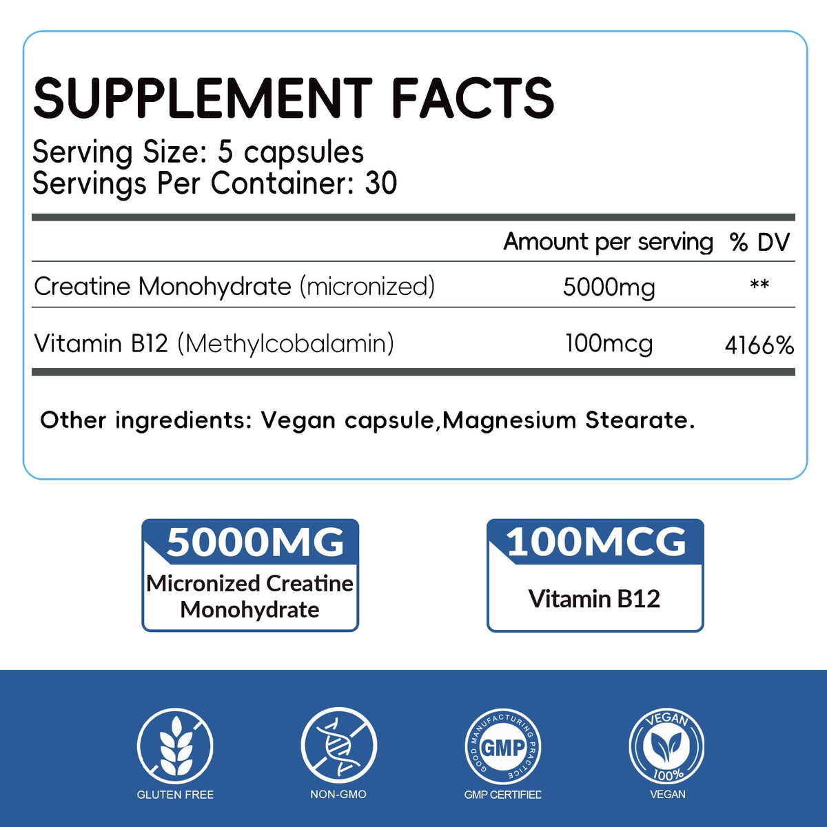 5000mg Micronized Creatine Monohydrate Capsules with Vitamin B12, Vegan, Gluten Free, 150 Count T308863