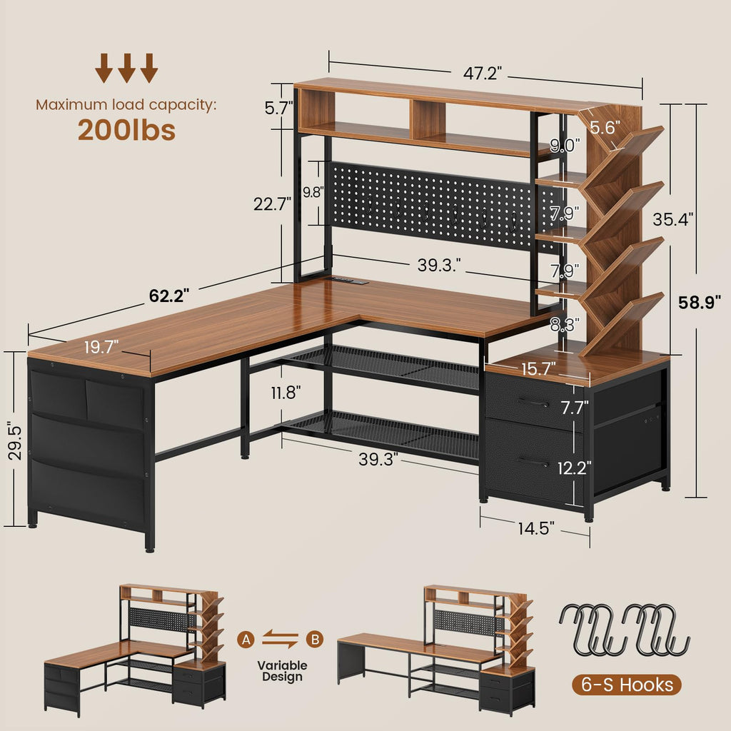 L Shaped Office Desk with Drawers and Hutch J909