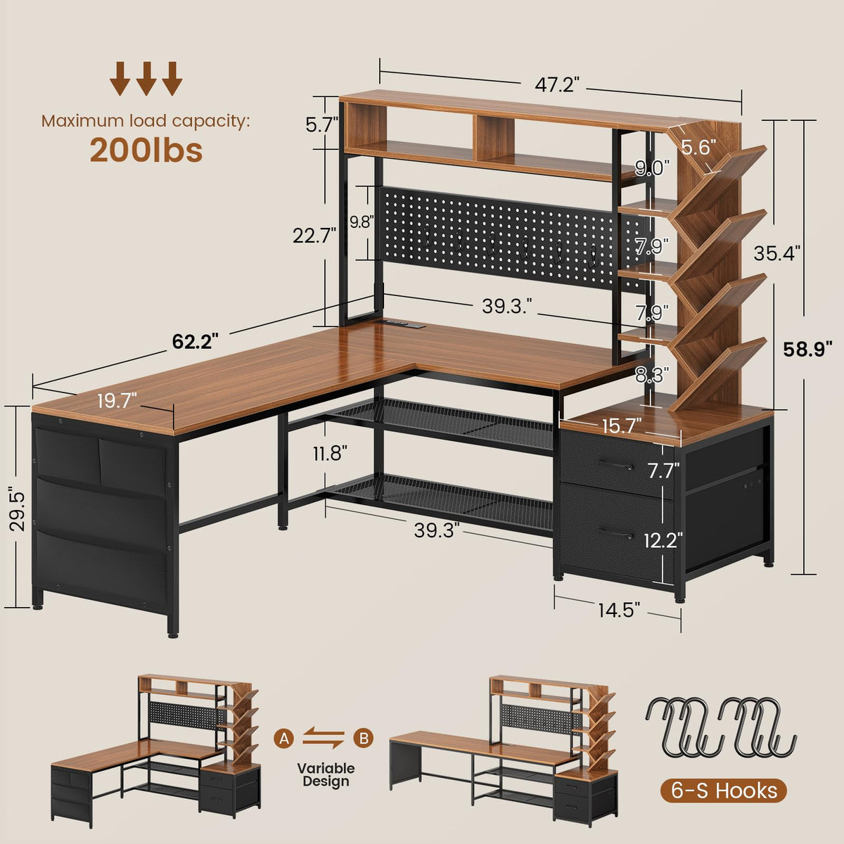 L Shaped Office Desk with Drawers and Hutch J909