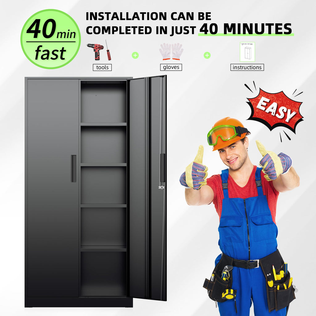 Black 72" Locking Steel Storage Cabinet with 4 Adjustable Shelves E59578