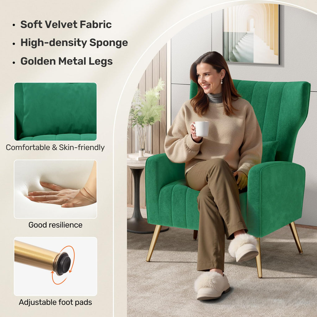 Velvet Accent Chairs Set of 2 High Back Armchair with Lumbar Pillow Green Z98065