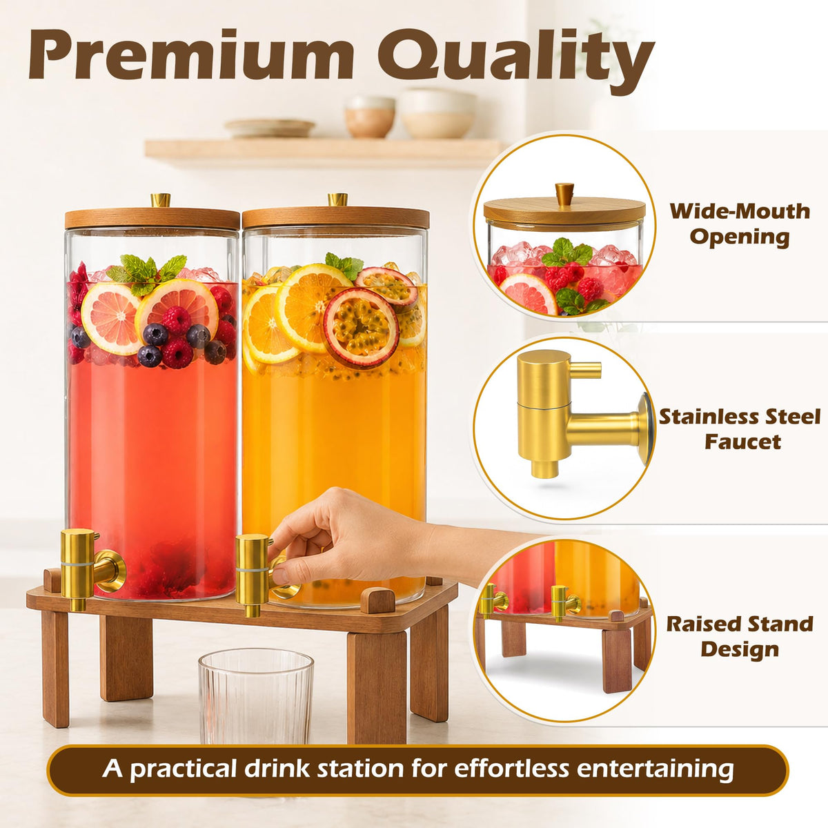 2PCS 1.5 Gallon Glass Beverage Dispenser with Wood Stand M5297