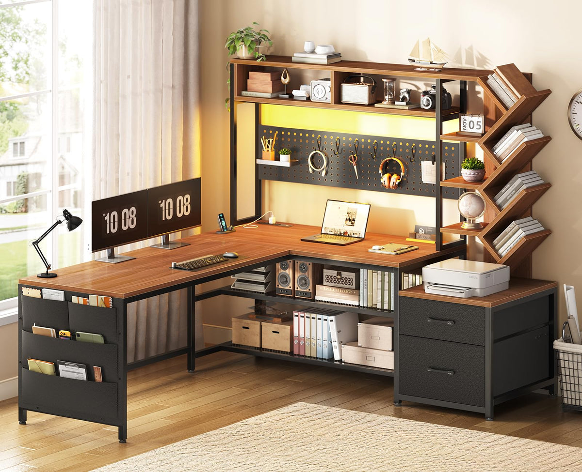 L Shaped Office Desk with Drawers and Hutch J909