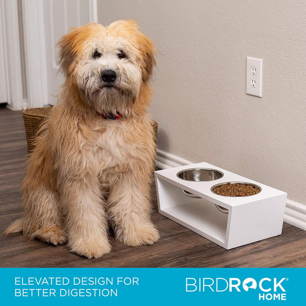 White Double Raised Pet Feeder with Stainless Steel Bowls R362