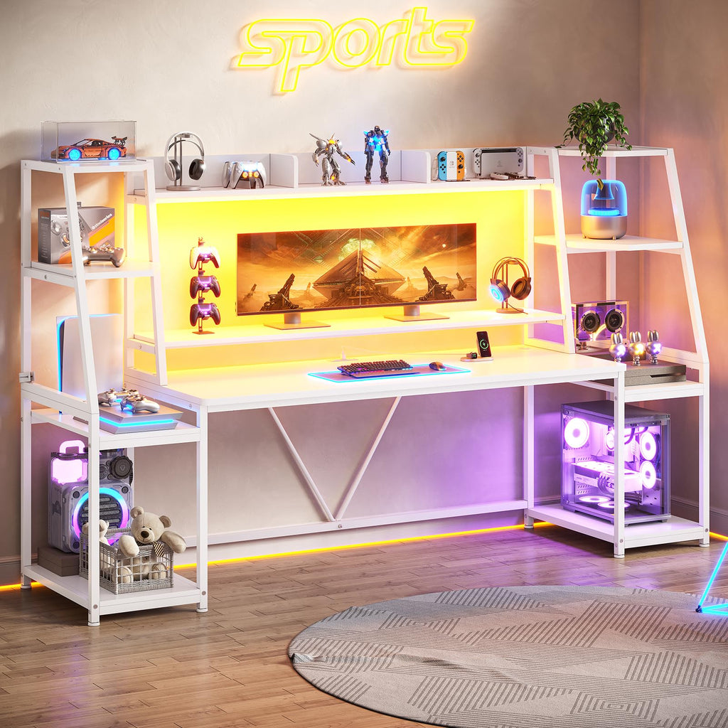 79'' White Gaming Desk with LED Lights and Storage Shelves C4410