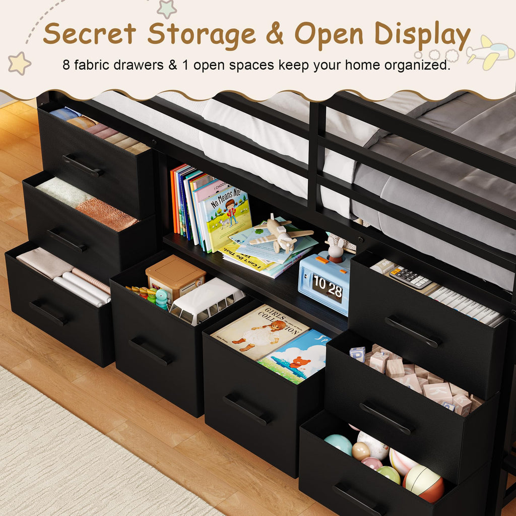 Black Twin Size Low Loft Bed with 8 Storage Drawers Z835