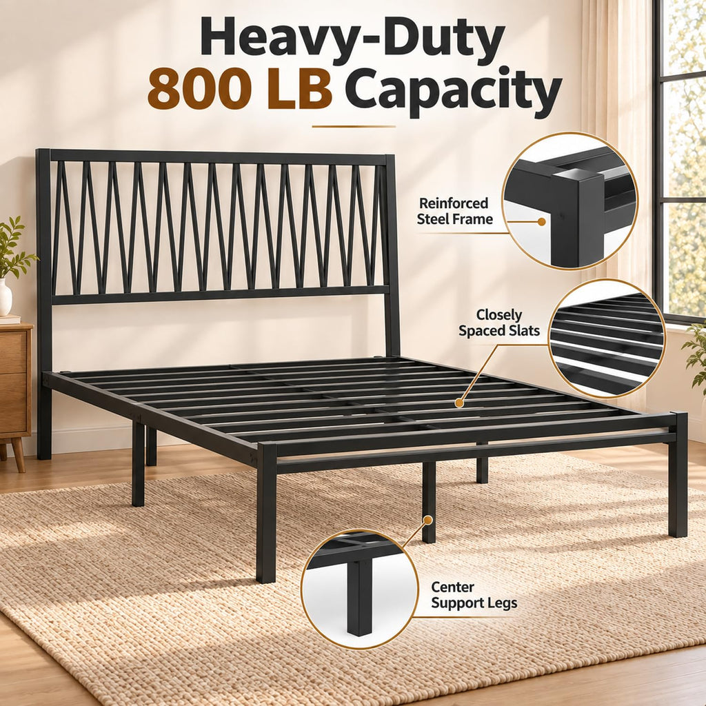 Black Metal Queen Bed Frame with Geometric Headboard J203744