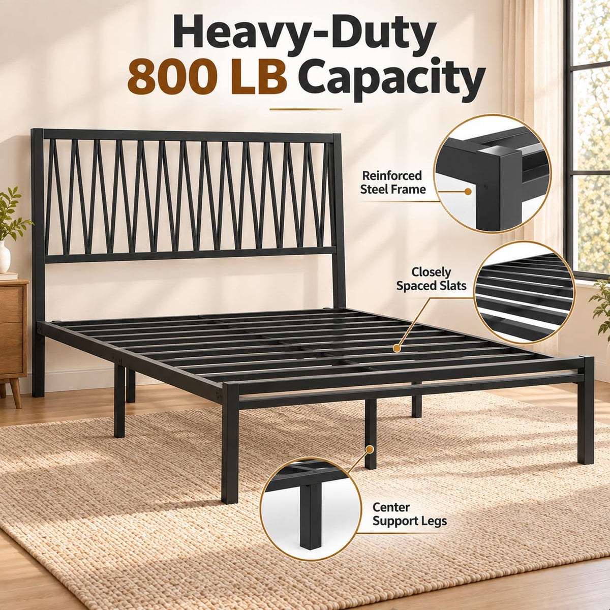 Black Metal Queen Bed Frame with Geometric Headboard J203744