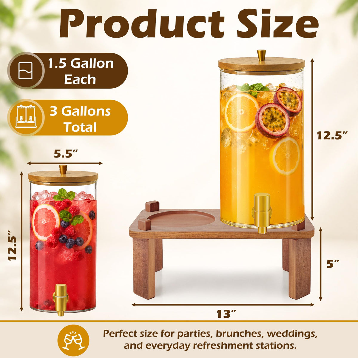 2PCS 1.5 Gallon Glass Beverage Dispenser with Wood Stand M5297