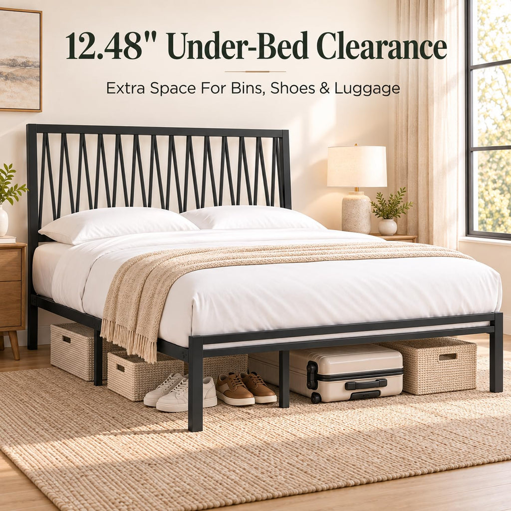 Black Metal Queen Bed Frame with Geometric Headboard J203744