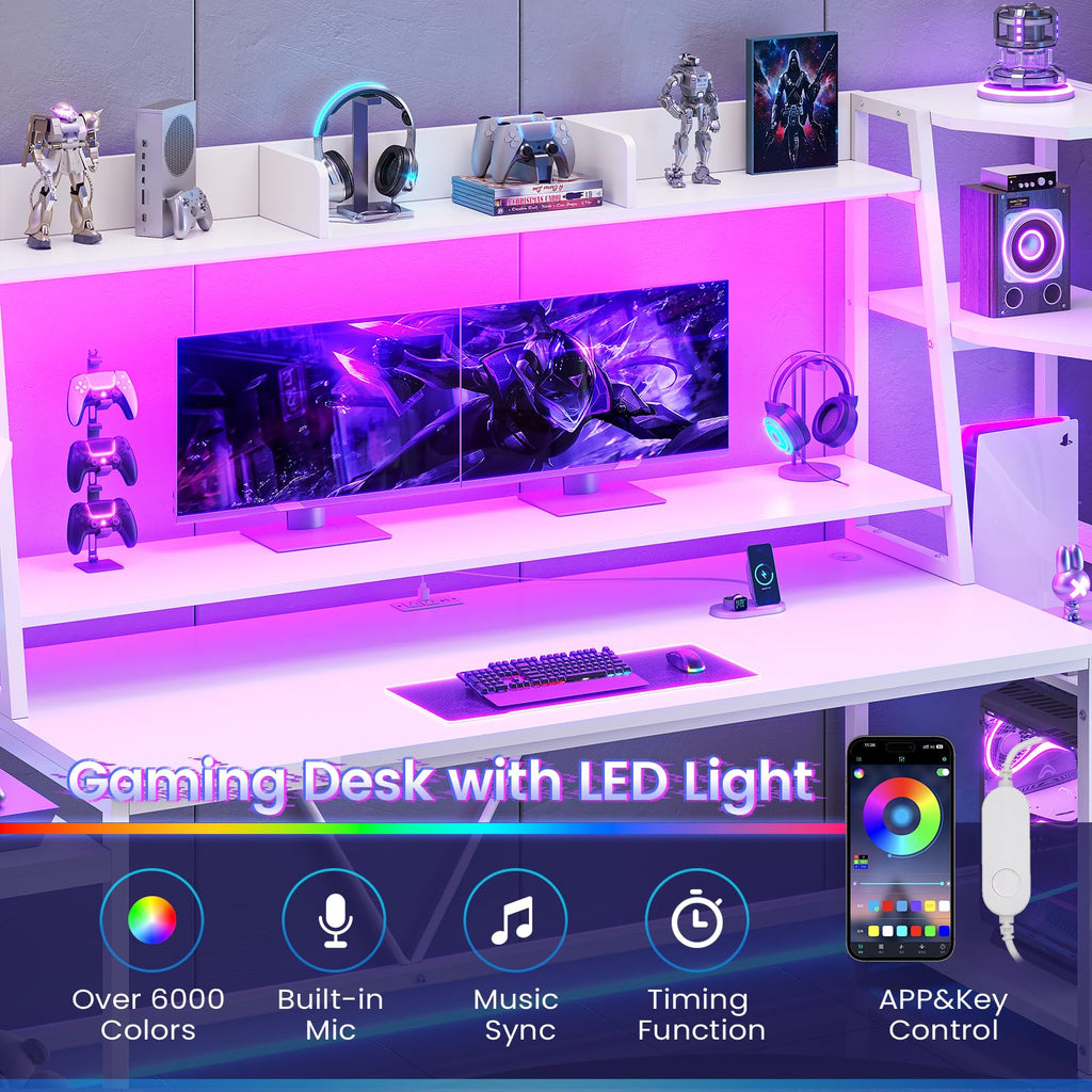 79'' White Gaming Desk with LED Lights and Storage Shelves C4410