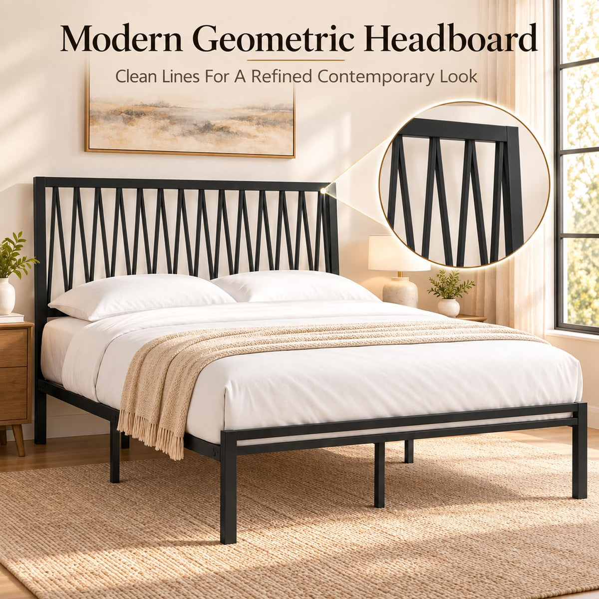 Black Metal Queen Bed Frame with Geometric Headboard J203744