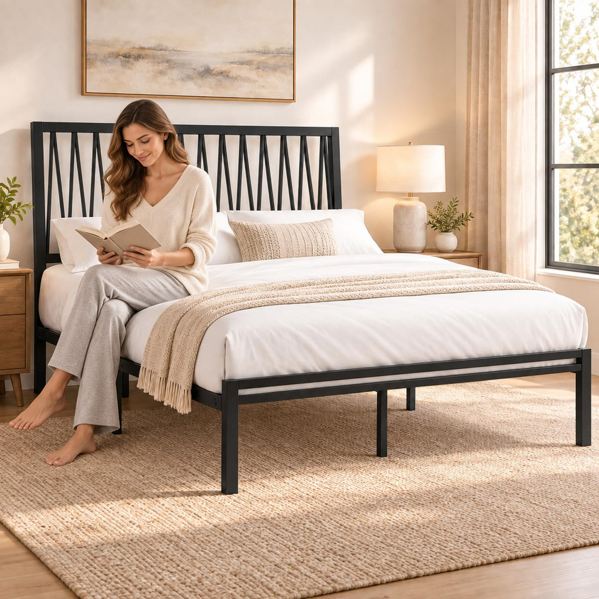 Black Metal Queen Bed Frame with Geometric Headboard J203744
