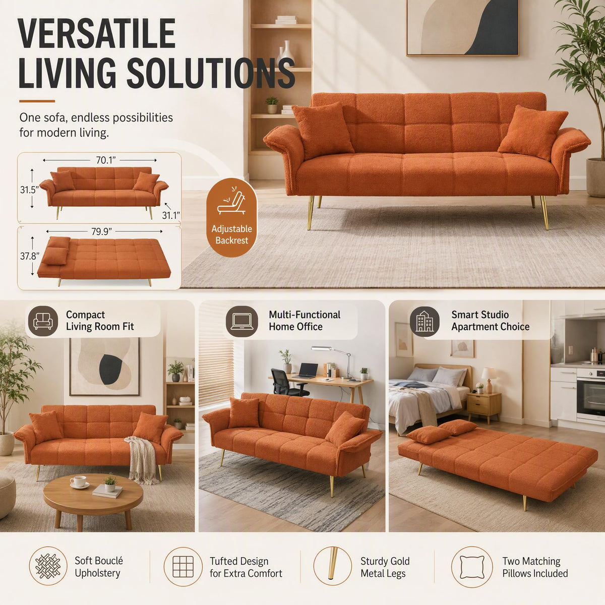 Orange Velvet 2 Seater Futon Sofa Bed C435