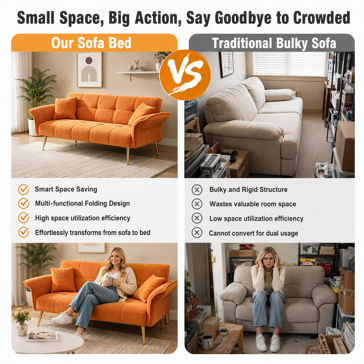 Orange Velvet 2 Seater Futon Sofa Bed C435
