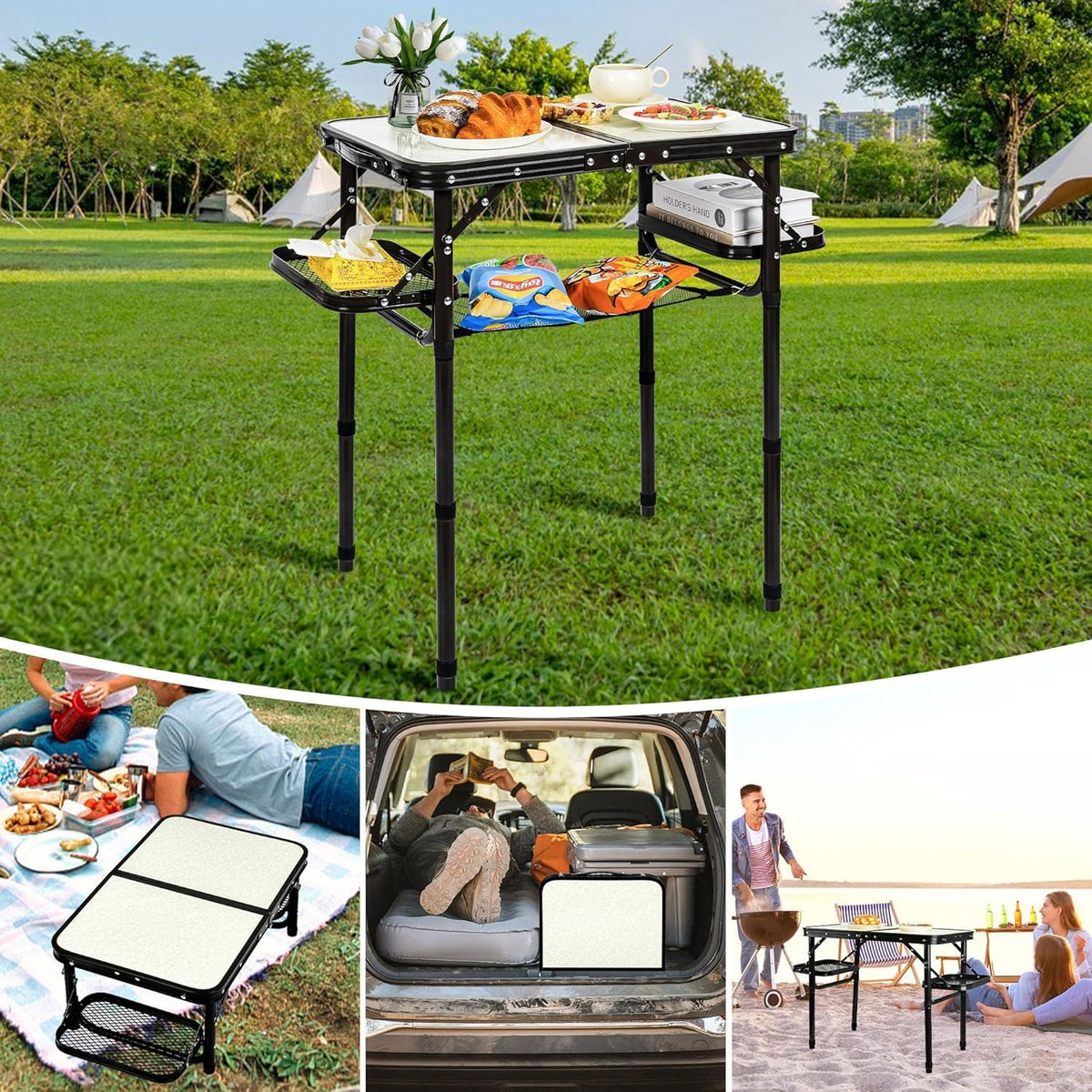 Folding Aluminum Camping Table 3-Height Adjustable with Carry Handle W2014
