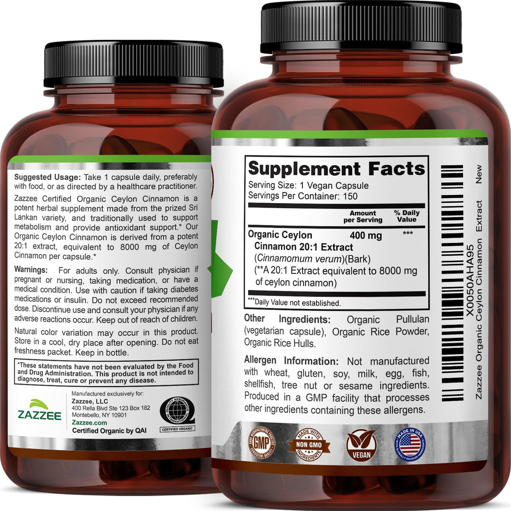 USDA Organic Ceylon Cinnamon 20:1 Extract 150 Capsules V537