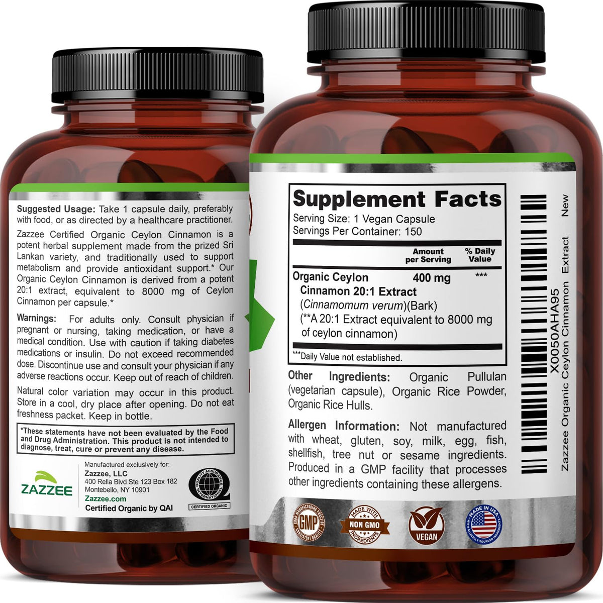 USDA Organic Ceylon Cinnamon 20:1 Extract 150 Capsules V537