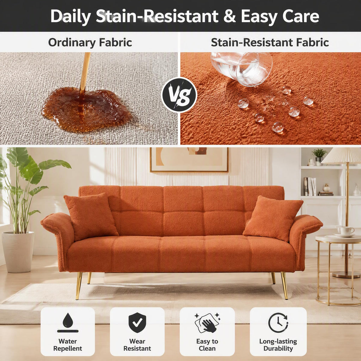 Orange Velvet 2 Seater Futon Sofa Bed C435