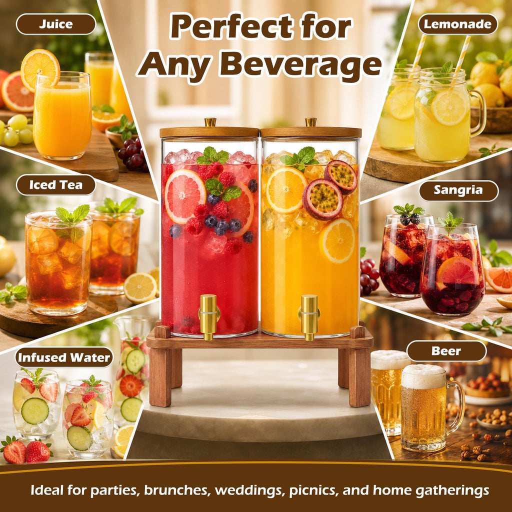 2PCS 1.5 Gallon Glass Beverage Dispenser with Wood Stand M5297