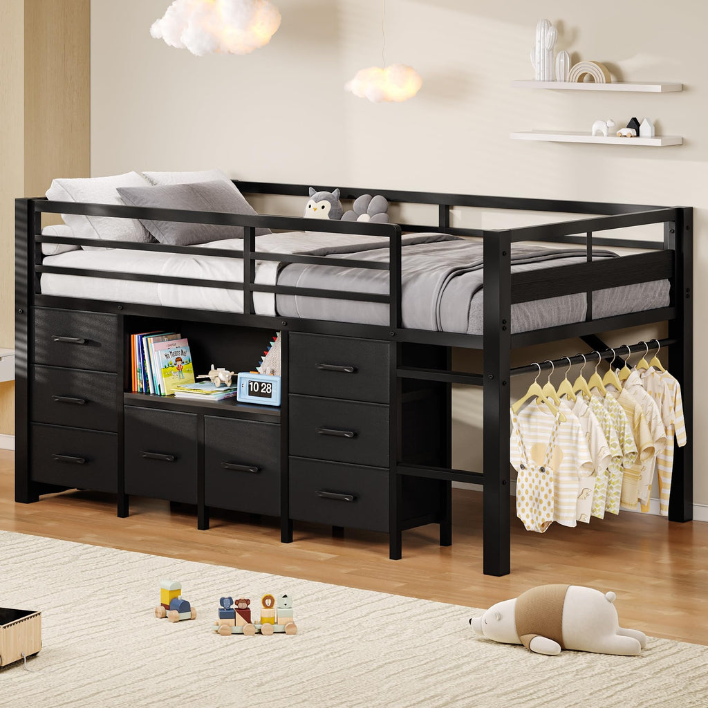 Black Twin Size Low Loft Bed with 8 Storage Drawers Z835