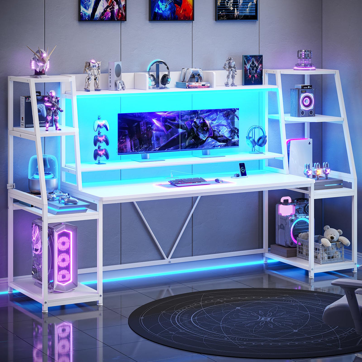 79'' White Gaming Desk with LED Lights and Storage Shelves C4410