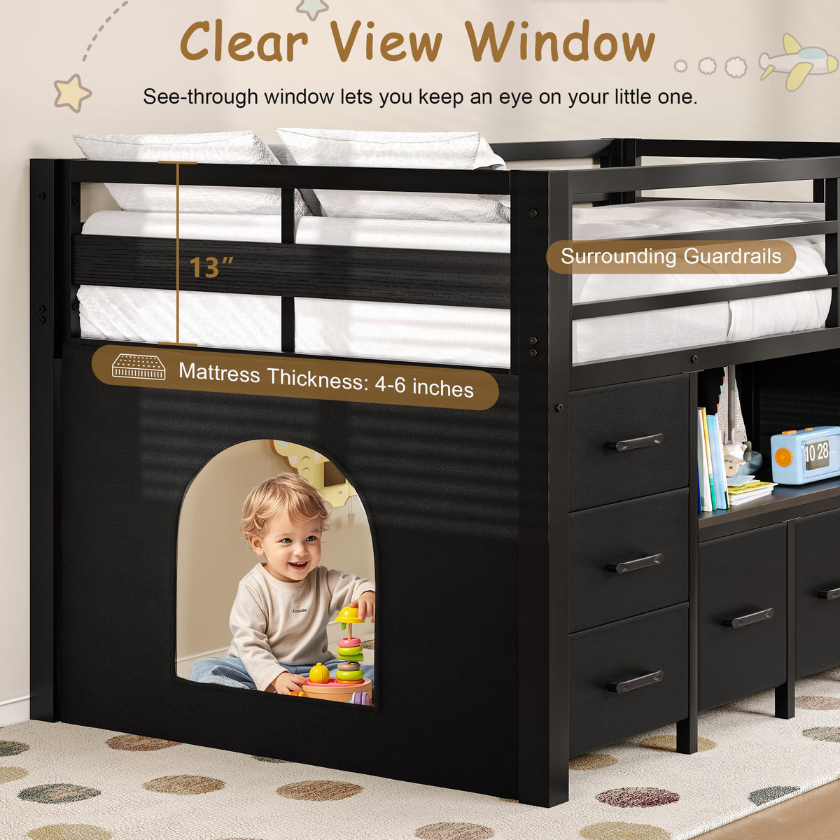 Black Twin Size Low Loft Bed with 8 Storage Drawers Z835