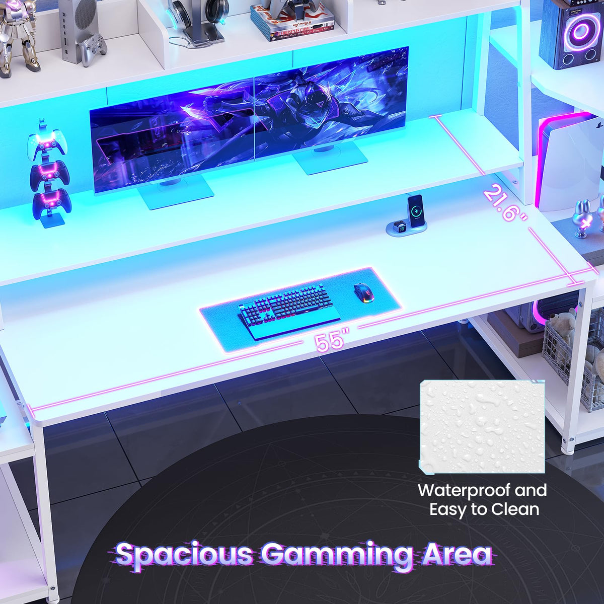 79'' White Gaming Desk with LED Lights and Storage Shelves C4410