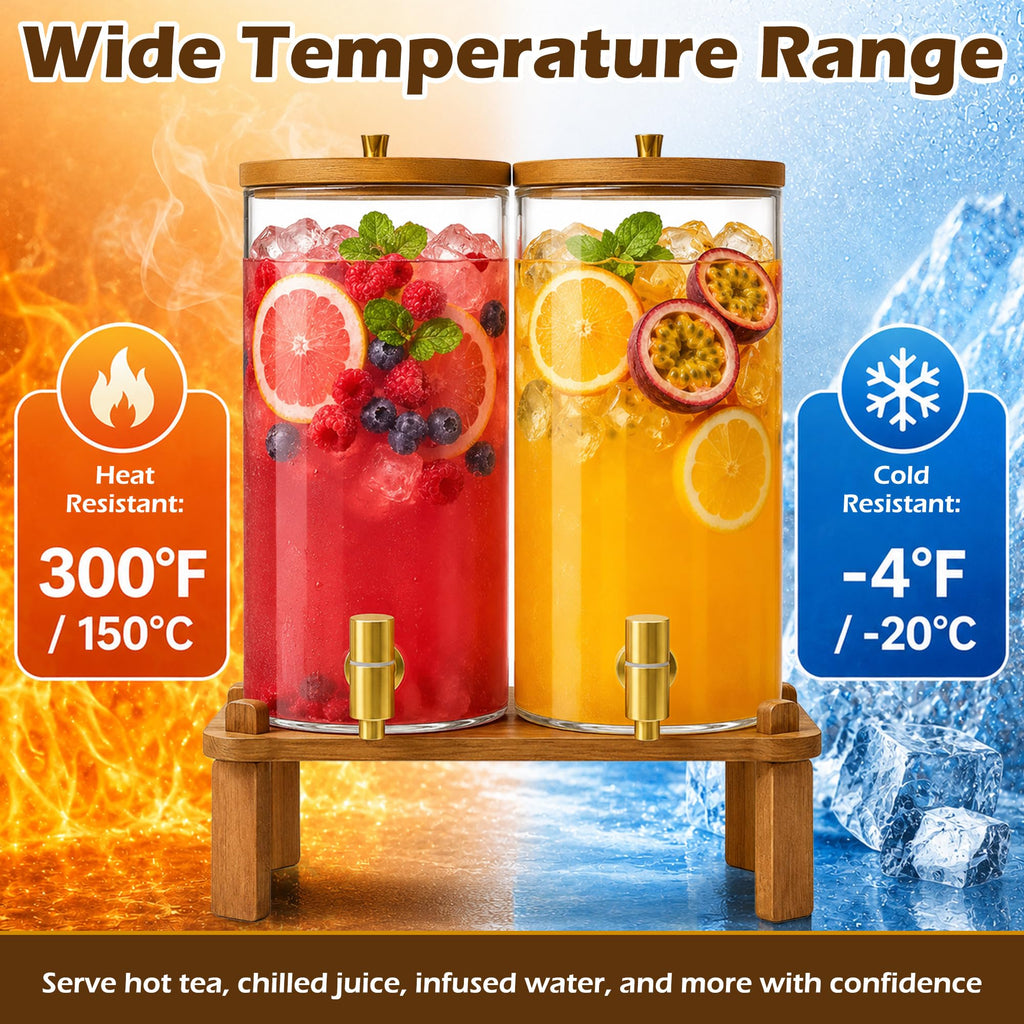 2PCS 1.5 Gallon Glass Beverage Dispenser with Wood Stand M5297