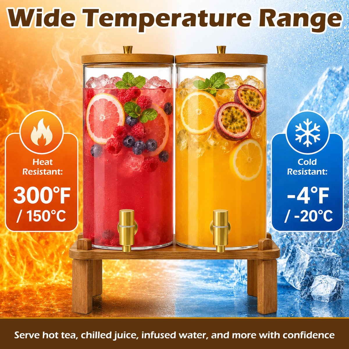 2PCS 1.5 Gallon Glass Beverage Dispenser with Wood Stand M5297
