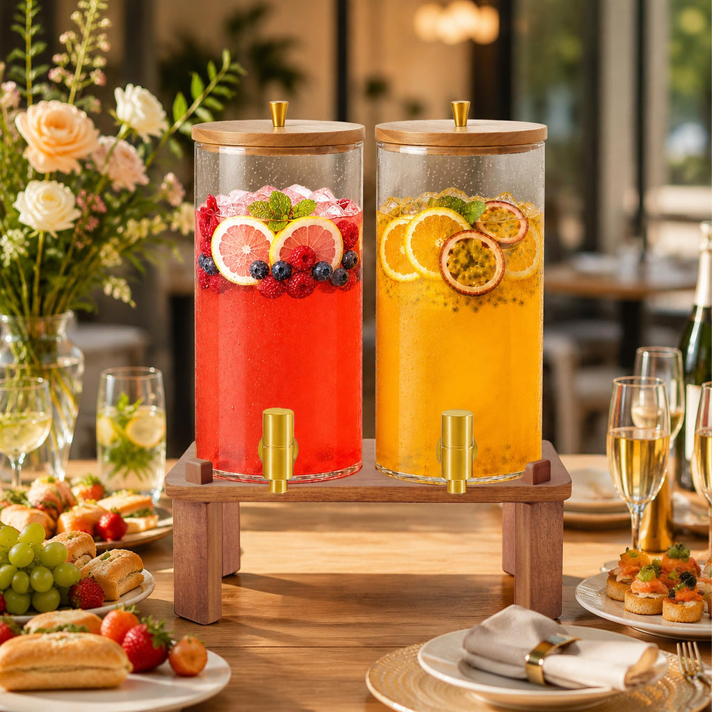 2PCS 1.5 Gallon Glass Beverage Dispenser with Wood Stand M5297
