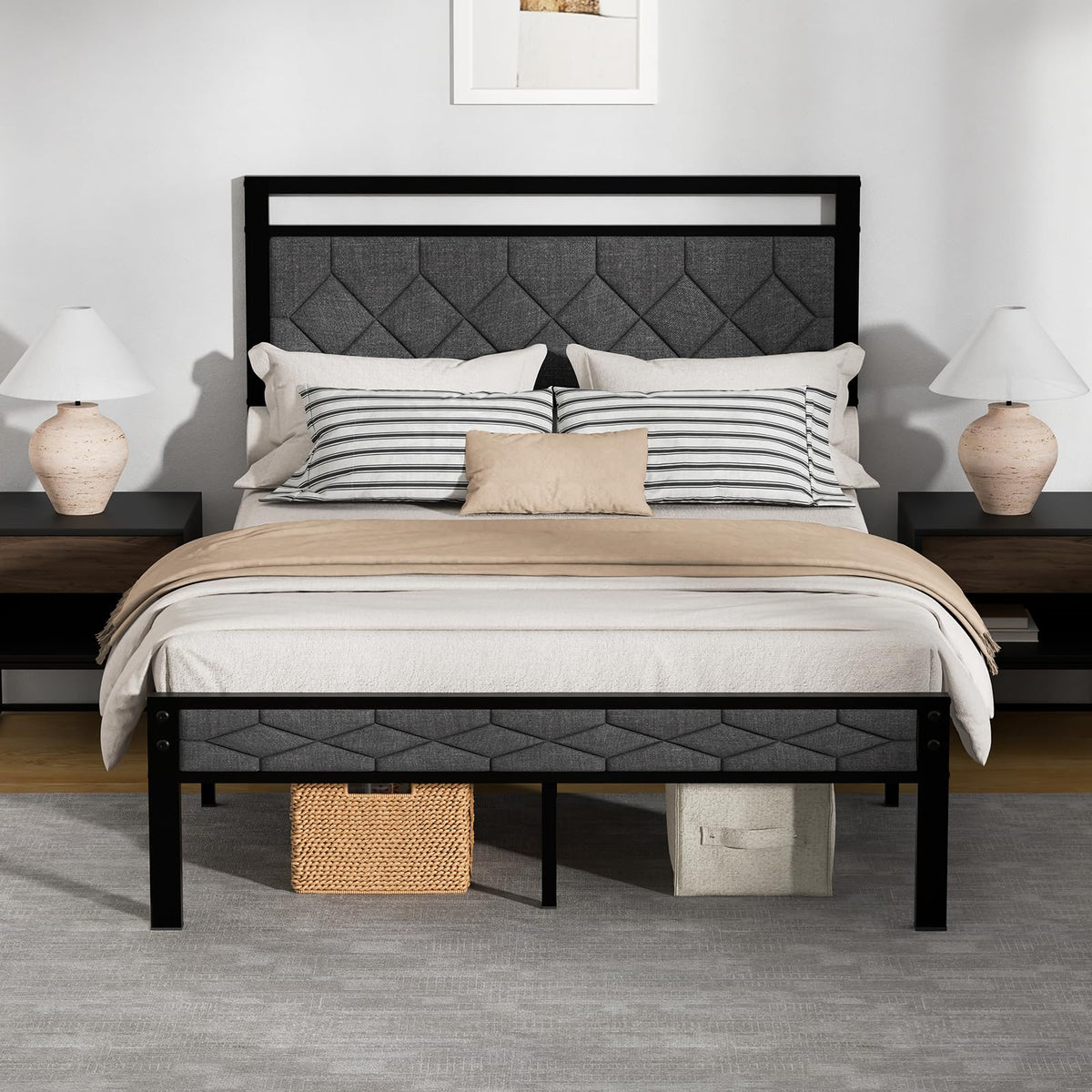 Full Size Upholstered Bed Frame Grey Q573