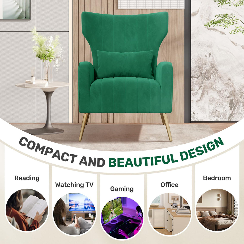 Velvet Accent Chairs Set of 2 High Back Armchair with Lumbar Pillow Green Z98065