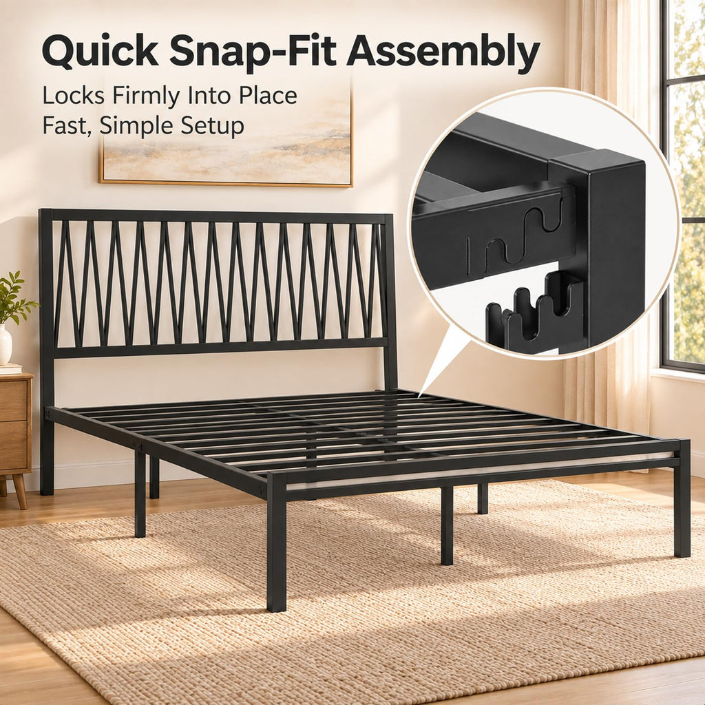 Black Metal Queen Bed Frame with Geometric Headboard J203744