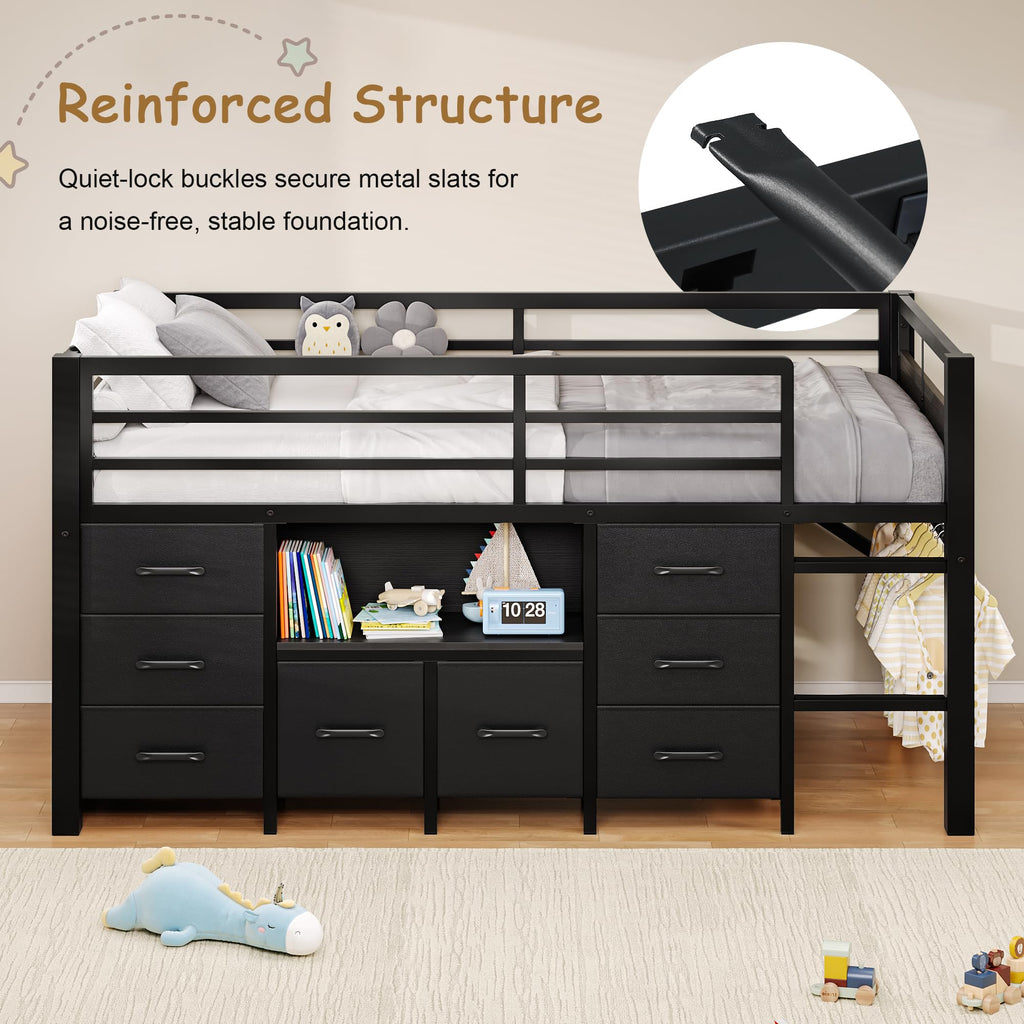 Black Twin Size Low Loft Bed with 8 Storage Drawers Z835