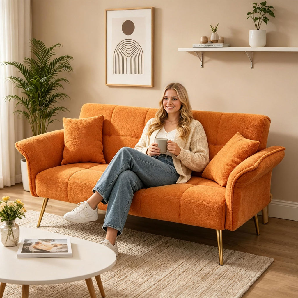 Orange Velvet 2 Seater Futon Sofa Bed C435