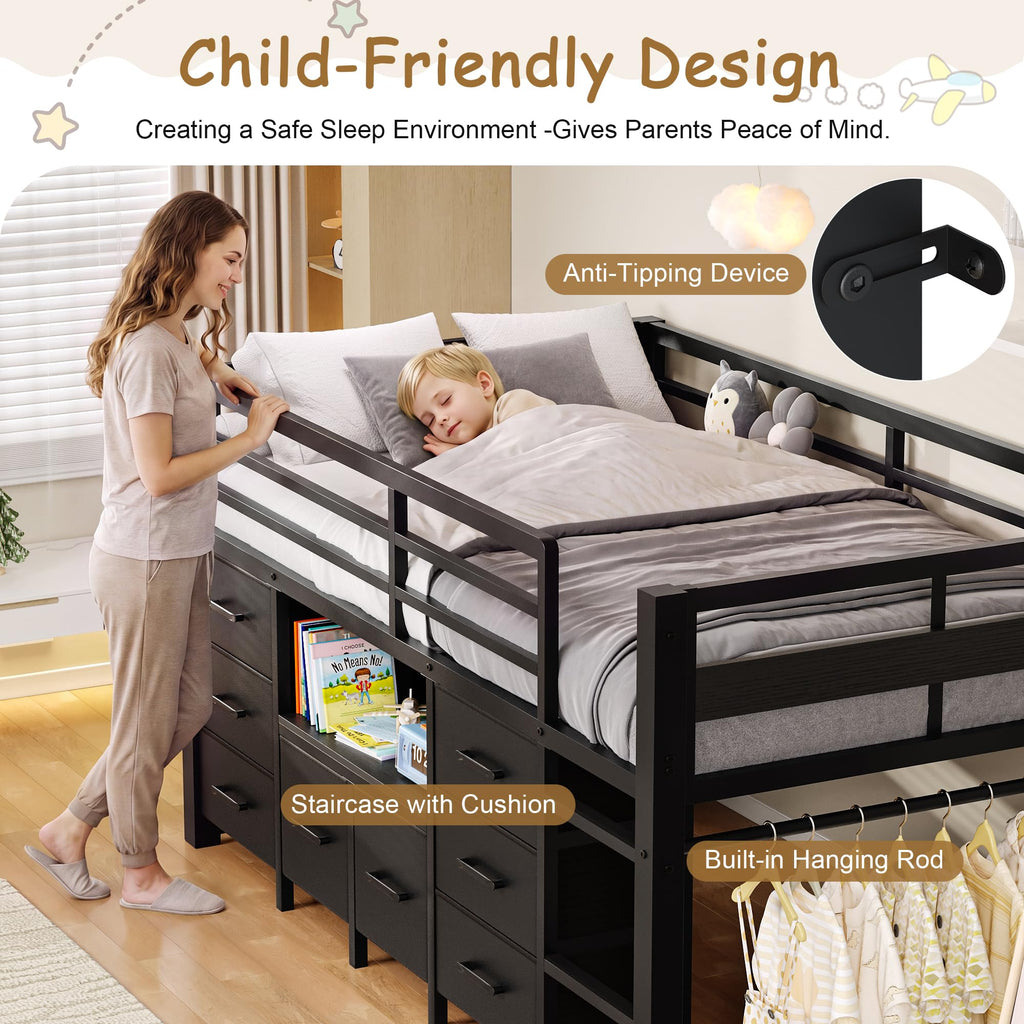 Black Twin Size Low Loft Bed with 8 Storage Drawers Z835