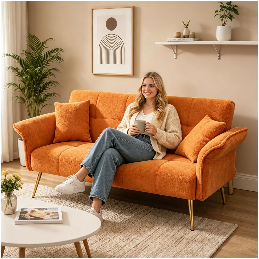 Orange Velvet 2 Seater Futon Sofa Bed C435