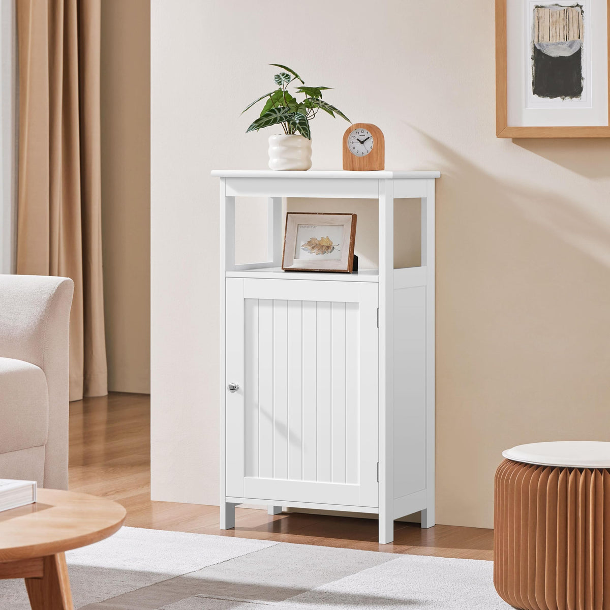 White Bathroom Storage Cabinet with Door & Open Shelf V78299