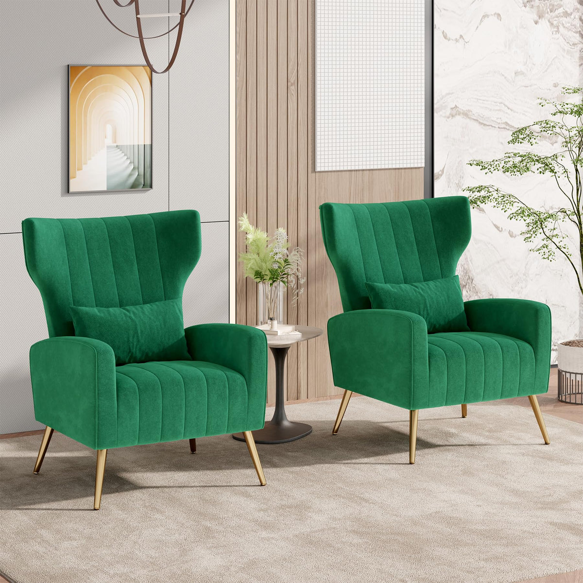 Velvet Accent Chairs Set of 2 High Back Armchair with Lumbar Pillow Green Z98065
