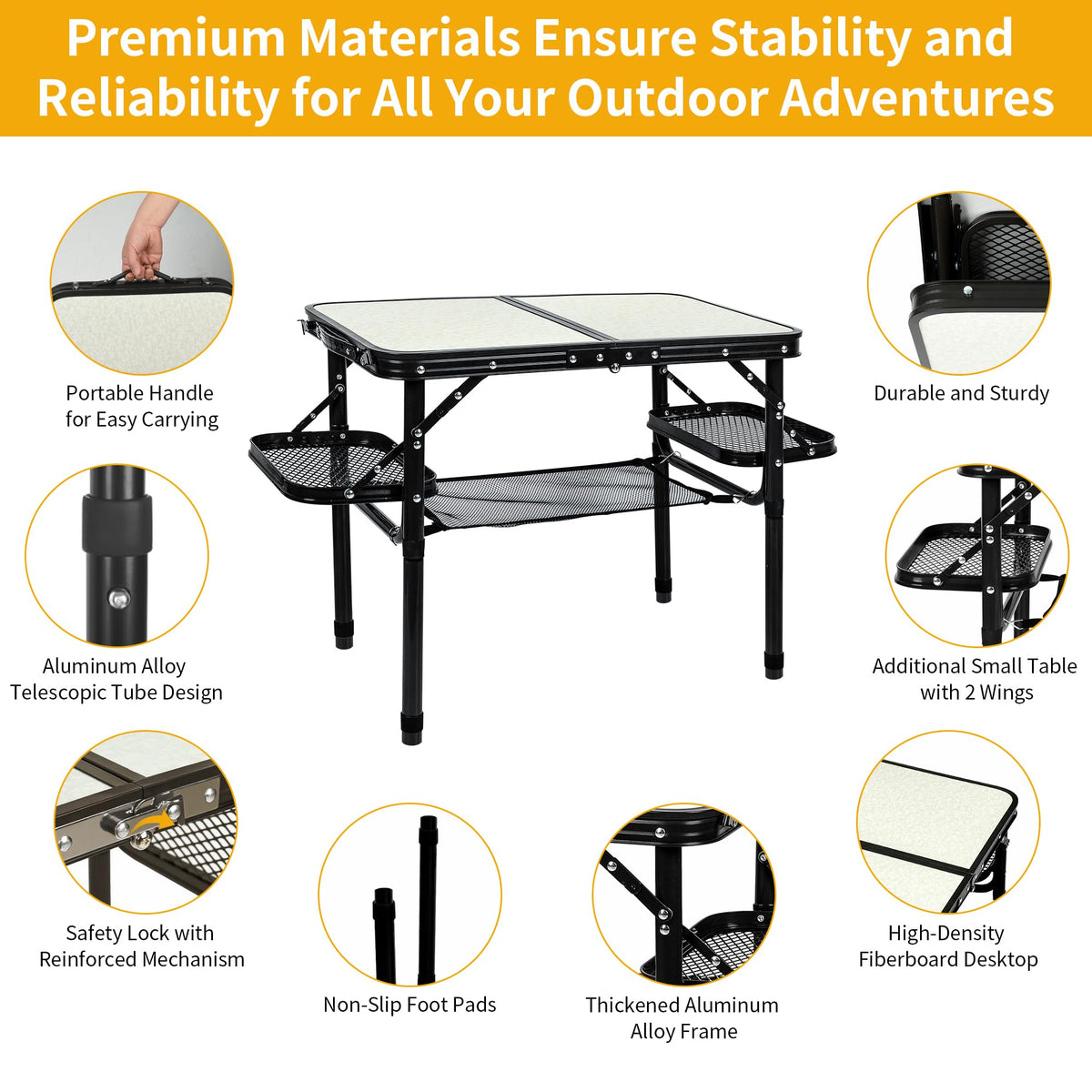 Folding Aluminum Camping Table 3-Height Adjustable with Carry Handle W2014